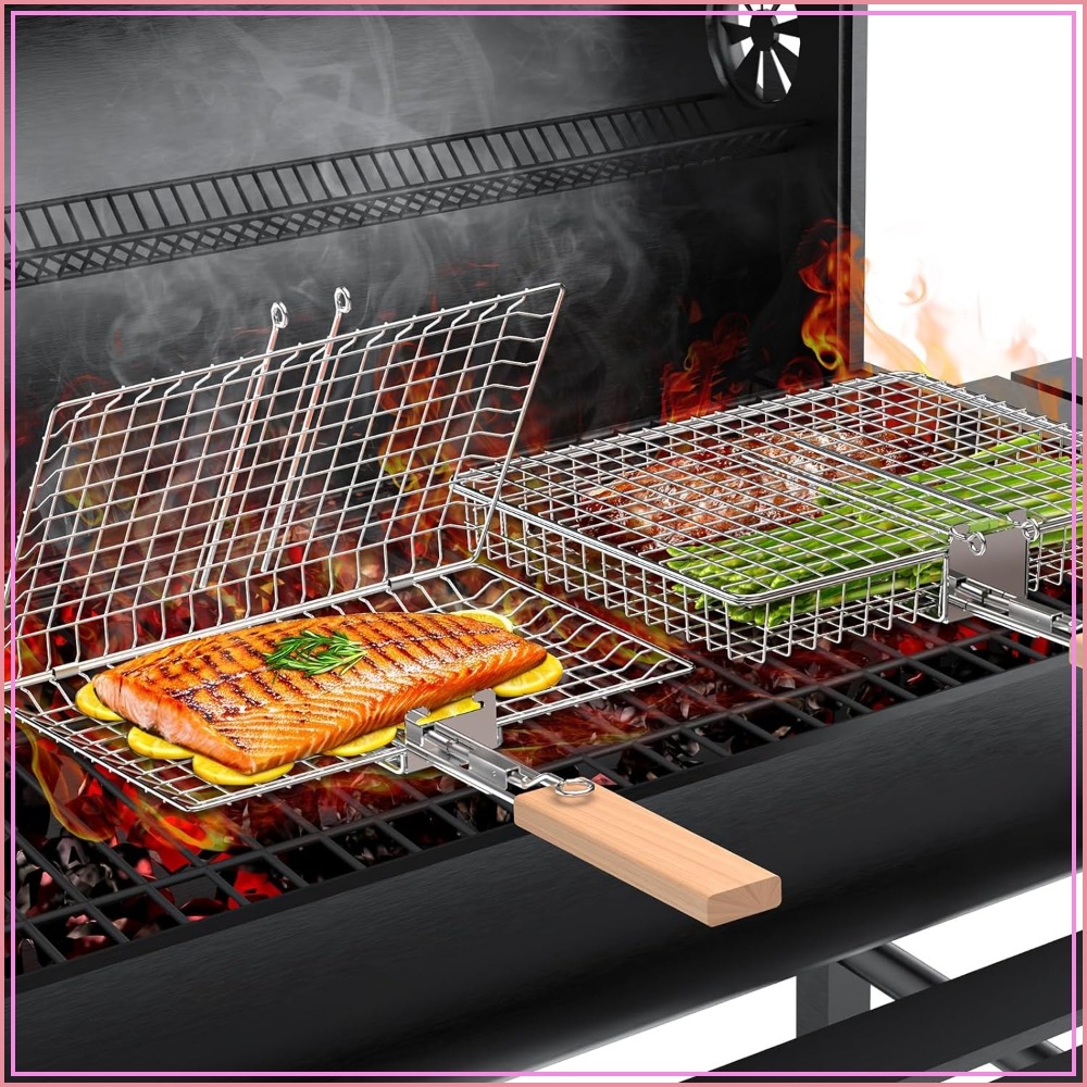 Nesting Camping Cooking Set - Fish Grill Basket Set, Removable Wooden