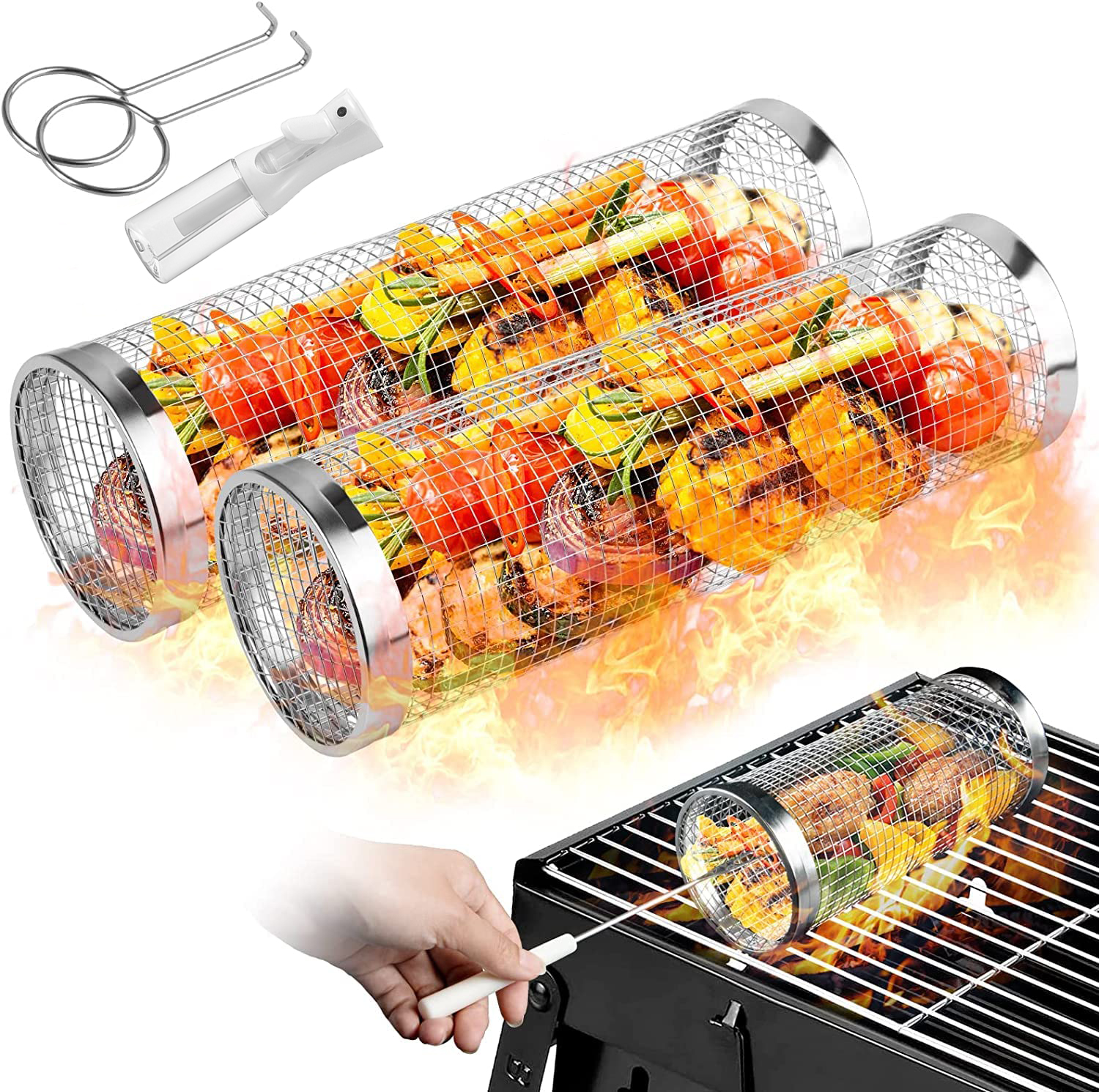 Camping Cooking Essentials - 2 Pieces Rolling Grilling Baskets for