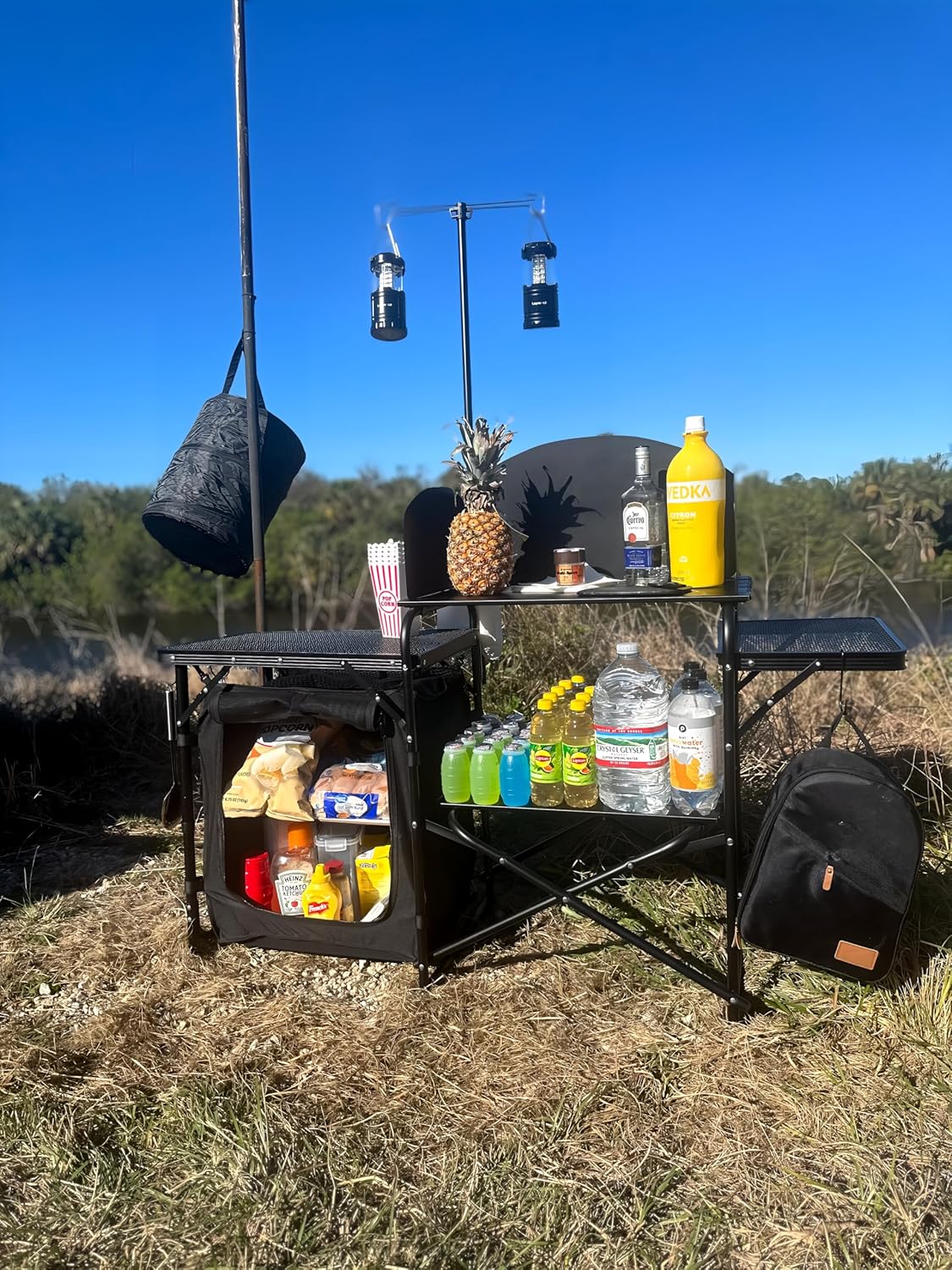 Camping Kitchen Station with L - مراجعة Camping Cooking Table With Windshield وسعره