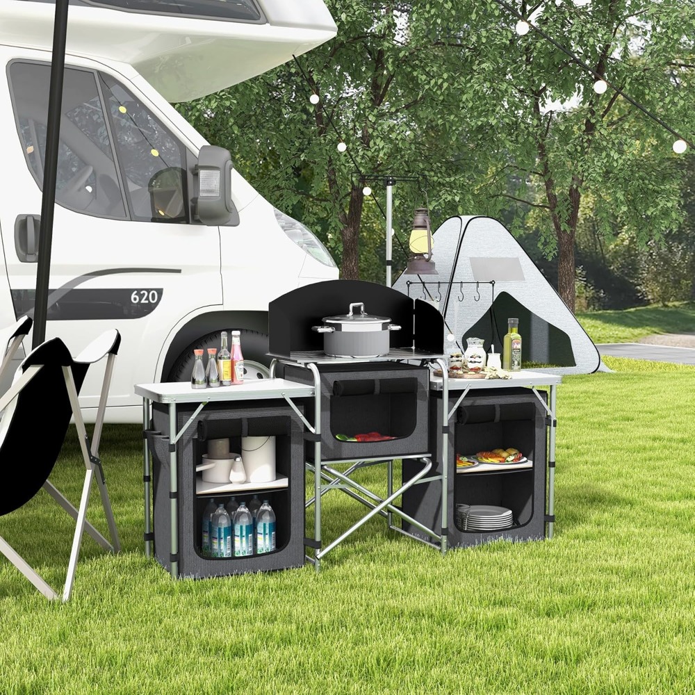 Portable Camping Kitchen Table - مراجعة Camping Cooking Table With Windshield وسعره