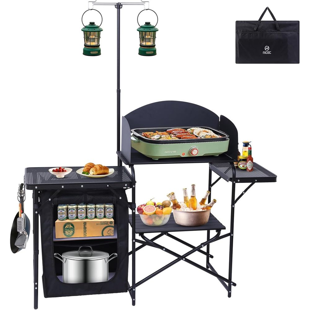Camping Kitchen Station, Foldi - مراجعة Camping Cooking Table With Windshield وسعره