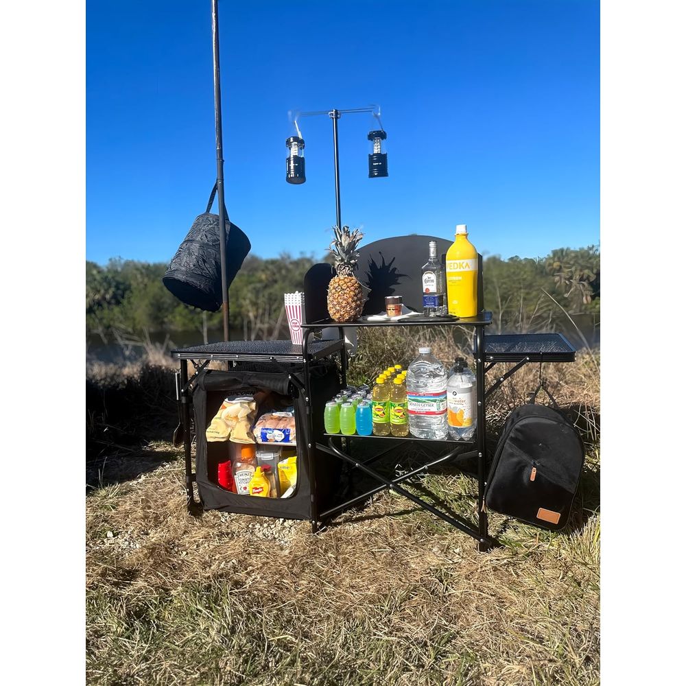 Camping Kitchen Station, Foldi - مراجعة Camping Cooking Table With Windshield وسعره