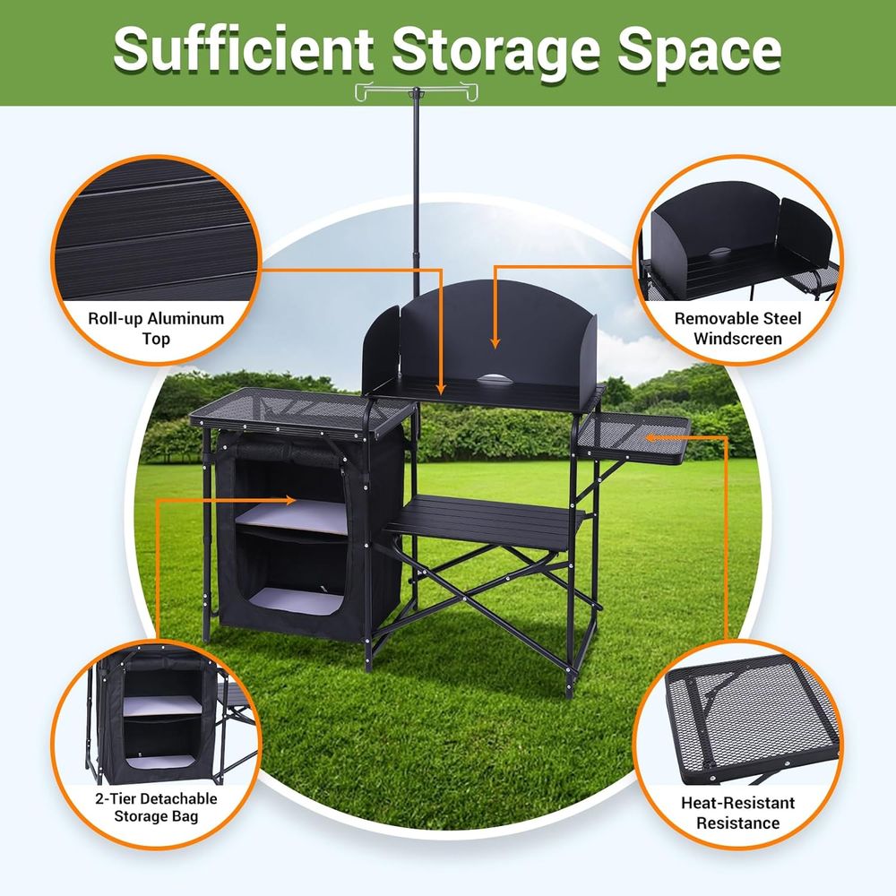 Camping Kitchen Station, Foldi - مراجعة Camping Cooking Table With Windshield وسعره