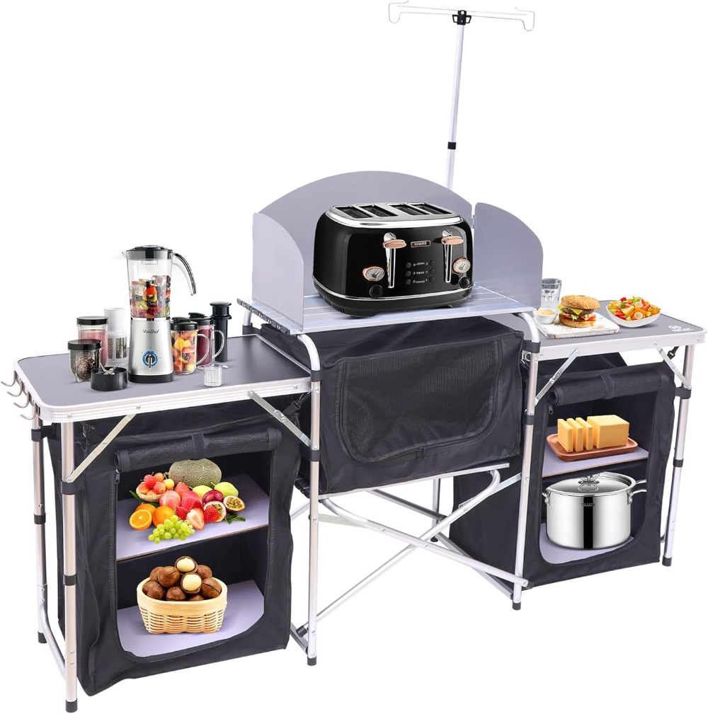 Camping Kitchen Table with Lig - مراجعة Camping Cooking Table With Windshield وسعره