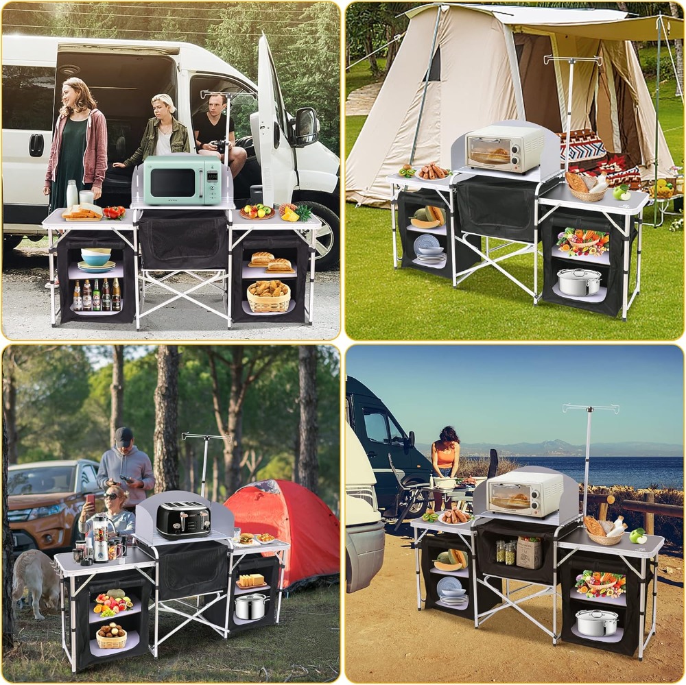 Camping Kitchen Table with Lig - مراجعة Camping Cooking Table With Windshield وسعره